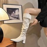 Joskaa Fashion White Black Women Knee High Boots Sexy Women High Heels Pointed Toe Suqare Heels Ladies Long Female Shoes size 35-42