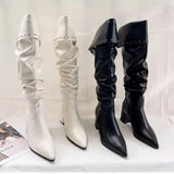 Joskaa Fashion White Black Women Knee High Boots Sexy Women High Heels Pointed Toe Suqare Heels Ladies Long Female Shoes size 35-42