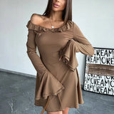 Black Friday Joskaa Flare Sleeve Slim Mini Dress For Women Fungus Splice Long Sleeve Outfits New Female Elegant Club Party Dresses High Waist