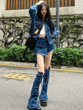 Black Friday Joskaa Streetwear Blue Cowboy Tops Coat Asymmetrical Design Lace Up Denim Mini Skirt Autumn Three Piece Sets Womens Outfits