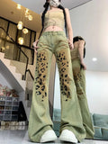 Joskaa American Retro Washed Leopard Print Denim Pants Y2k E-Girl High Waist Straight Trousers 2024 Sumemr New Bell Bottom Jeans