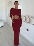 Black Friday Joskaa Waist Hollow Slim Sexy Long Dress For Women Side Slits Fashion Long Sleeve Gown Dress High Elasticity Dress Lady Elegant