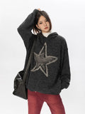 Black Friday Joskaa Vintage Star Graphic Knitted Hoodie Loose Casual Long Sleeve Sweater Pullover for Women Autumn Harajuku Streetwear Tops