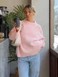 Black Friday Joskaa Pink Sweet Pullover Sweater For Women Round Neck Solid Color Loose Knitted Top Long Sleeve Female 2024 Autumn Fashion