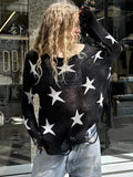 Black Friday Joskaa Street Stars Printed irregular Wide Collar Sweater Hot Girl Loose Thin Ripped Knit Sexy See Through Pullovers Long Sleeve