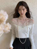 Black Friday Joskaa White Off Shoulder Knit Sweater Women Lace Transparent Mesh Long Sleeve Crop Pullovers Fairycore Aesthetics Clothes Chic