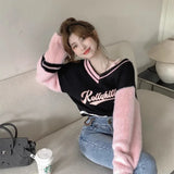 Joskaa Korean Sweet V-neck Off Shoulder Pullovers 2024 Autumn New Embroidery Lazy Tops Women Y2k E-Girl Long Sleeve Sweaters Mujer