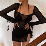 Joskaa hoco dresses Black Mesh Mini Dress Women Sexy Split See Through Beach Dress Summer Fashion Bandage Long Sleeve Bikini Cover Up 2024 Beachwear