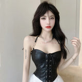 Joskaa-PU Leather Camisole Expose Navel Summer Women's Camisole American Style Bandage.