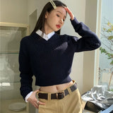 Joskaa Women Cropped Sweaters Korean Fashion Preppy Style Jumpers Female Old Money Aesthetic Casual V-neck Knitted Pullovers