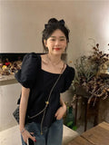 Joskaa Blouses Women Square Collar Sweet Loose French Style Puff Sleeve Chic Ruffles Simple Ulzzang Solid Fashion Temper Student Summer