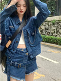 Black Friday Joskaa Streetwear Blue Cowboy Tops Coat Asymmetrical Design Lace Up Denim Mini Skirt Autumn Three Piece Sets Womens Outfits