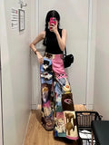 Joskaa American Street Cute Cartoon Print Pants for Women 2024 New Loose Wide Leg  Y2k Grunge High Waist Straight Trousers