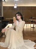 Joskaa Summer Casual V Neck White Prom Dress Fashion French Style Long Sleeve Dress for Women 2024 Elegant Chic Midi Vintage Dress