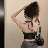 Joskaa-PU Leather Camisole Expose Navel Summer Women's Camisole American Style Bandage.