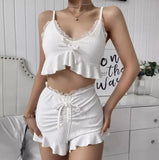 Joskaa Casual Two Piece Set for Woman Summer New Sports Set Solid Color V-Neck Button Short Sleeved T-Shirt Drawstring Tie Shorts Set