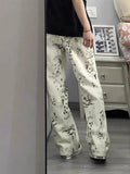 Joskaa American Retro White Leopard Print Denim Pants Y2k E-Girl High Waist Straight Trousers 2024 Summer New Loose Wide Leg Jeans