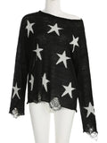 Black Friday Joskaa Street Stars Printed irregular Wide Collar Sweater Hot Girl Loose Thin Ripped Knit Sexy See Through Pullovers Long Sleeve