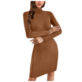 Joskaa Women Winter Dress Turtleneck Pullover Solid Color Long Sleeve Mid Length Knitted Sweater High Neck Dress For Women Temperament