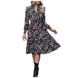 Joskaa Women'S Temperament Mini Dress Floral Ditsy Surplice V Neck Long Sleeve Elastic Waist A Line Fall Dresses Plus Size Mid Length