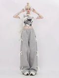 Back To School Joskaa Wide Leg Sweatpants Women Y2k Fashion Baggy Lace Straight Kpop Jogging Sports Pants Streetwear Casual Lady Grey Bottoms