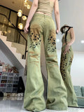 Joskaa American Retro Washed Leopard Print Denim Pants Y2k E-Girl High Waist Straight Trousers 2024 Sumemr New Bell Bottom Jeans