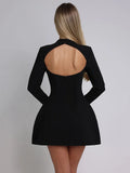 Black Friday Joskaa Elegant Long Sleeve Backless Mini Dress For Women O Neck High Waist A-line Club Party Sexy Bodycon Dress Solid Autumn New