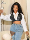 Joskaa Casual Lapel Long Sleeve Single Breasted Slim Crop White Blouses with Black Pu Bra Matching 2024 Chic Tops Streetwear