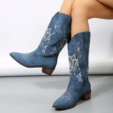 Joskaa Retro Pointy Toe Ankle Boots  Winter New Blue Canvas Denim Boots Women Casual Embroidered Western Cowboy Boots Botines Mujer