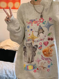 Black Friday Joskaa Kawaii Cat Print Hoodie Women Cutecore Long Sleeve Sweatshirt American Retro E-girl Kitten Angel Graphic Alt Clothes Y2k