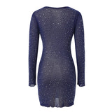 Joskaa Sparkly Glitter Mini Dress Square Neck Long Sleeve Perspective Mesh Elegant Cocktail Dresses For Women Party Wedding Plus Size