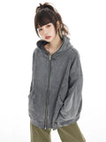 Black Friday Joskaa Grey Retro Zip Hoodie Women High Street Oversize Zipper Jacket Sweatshirt Streetwear Safari Style Loose Paired Clothes