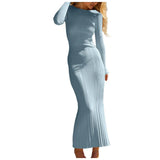 Joskaa Women Long Sleeve Bodycon Casaul Sweater Dress Fall Crew Neck Long Sleeved Temperament Ribbed Knit Maxi Dresses For Slim Fit