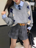 Black Friday Joskaa Argyle Oversized Sweater Women Grey Long Sleeve V-neck Knitwear Casual Vintage Preppy Style Pullovers Winter Clothes New