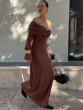 Black Friday Joskaa Elegant Brown Knitted Long Dress For Women One-shoulder Ruched Sexy Sweater Dress Slim Plunge Club Party Dress Female