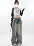 Back To School Joskaa Blue Cargo Jeans Women Y2k Fashion Oversize High Waist Multi-pocket Wide Leg Denim Trouser Harajuku Retro Do Old Bottoms