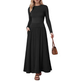 Joskaa Women Fashion Maxi Skirt Casual Round Neck Solid Color Pleated Pocket Slim Fit Long Sleeve Dresses For Women Knee Length