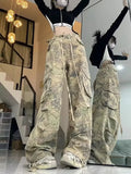 Joskaa American Retro Camouflage Cargo Pants Y2k Grunge High Waist Drawstring Trousers 2024 New Loose Straight Wide Leg