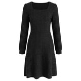 Joskaa Women'S Spring Mini Dress Vintage Solid Square Neck Long Sleeve Casual Party Sweater Dress For Women 2025 Casual Below Knee