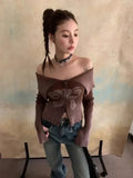 Black Friday Joskaa Bow Print Off-shoulder Knitwear Gradient Cardigan Sweater Zipper Maillard Style Fairy Grunge Long Sleeve Top Y2k Clothes