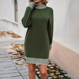 Joskaa Women Fall Trendy Knit Pullover Sweaters Dresses Mini Mock Neck Long Sleeve Trendy Blocked Fall 2025 Business Ribbed Dress