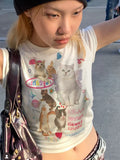 Back To School Joskaa Women Kitten T Shirts Graphic White Crop Top Y2k Short Sleeve Tees Female Harajuku Kawaii Cat Cutecore Clothes Japan New