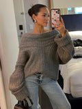 Black Friday Joskaa Irregular Ribbed Knit Pullover Sweater For Women Off-Shoulder Long Sleeve Loose Fashion Streetwear Casual Autumn Sweater