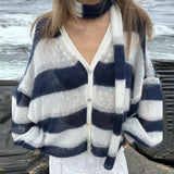 Black Friday Joskaa Fashion Striped Sweater Cardigan With Scarf Female Loose Thin Hollow Knitted Top Lantern Sleeve Contrast Color Retro Top