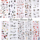 Joskaa 10pcs Chinese Style Nail Art Foils Ink Painting Characters Cloud Crane Design Transfer Sliders New Year DIY Decor Stickers DXK12