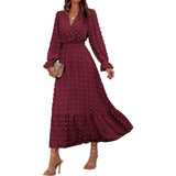 Joskaa Women Long Sleeve Maxi Dresses Casual V Neck Dot Tiered Flowy A Line Wedding Guest Temperament Tunic Dresses For Women 2025 Fall