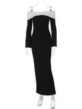 Black Friday Joskaa Color Block Off-Shoulder Long Dress Women's Higt Waist Elegant Gown Dress Long Sleeve Splice Bodycon Dress Female Fashion