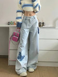 Back To School Joskaa Blue Jeans Plus Size Women Y2k Fashion Loose Butterfly Patchwork Causal High Waist Denim Pants Streetwear Retro Bottoms