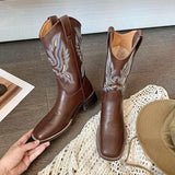 Joskaa Women Retro Mid Calf Western Cowboy Motorcycle Boots Female Autumn Embroidered Square Toe Chunky Heel Fashion Design Brown Boots