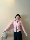 Black Friday Joskaa Y2k Pink Knitted Cardigan Sailor Collar Long Sleeve Sweater Women Korean Fashion Preppy Style Autumn Winter Cute Clothes